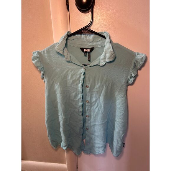 Dkny Tops - DKNY XL Light Blue Rayon Button Down Flutter Sleeve Ruffle Shoulder Textured Top